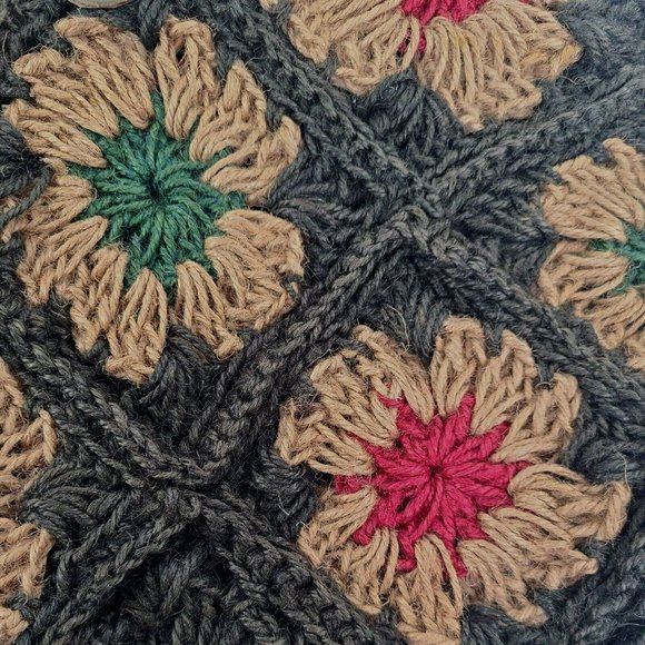 Jute Floral Crochet Handbag Purse Tote Boho Flowers Patchwork Wood Handle Bag - Picture 4 of 14